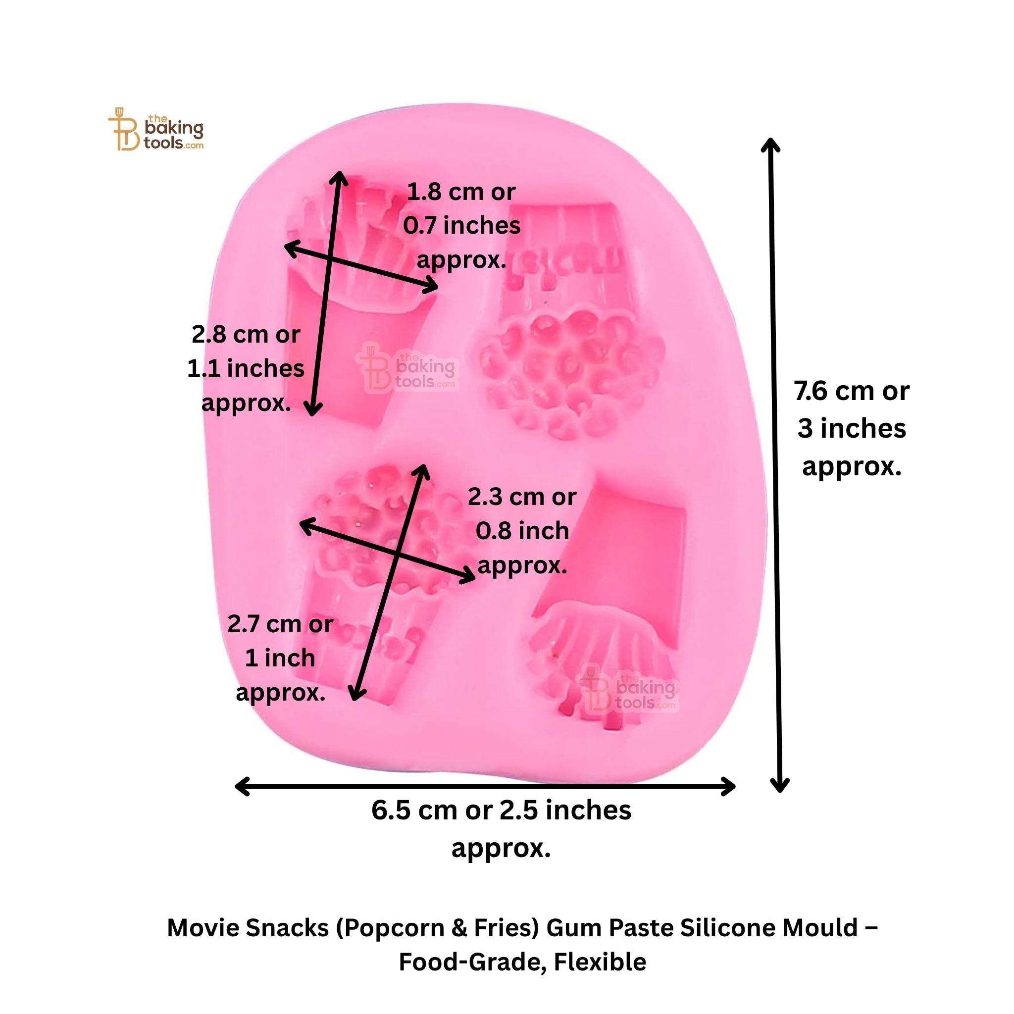 Pink silicone mold for movie snacks with dimensions labeled on a white background